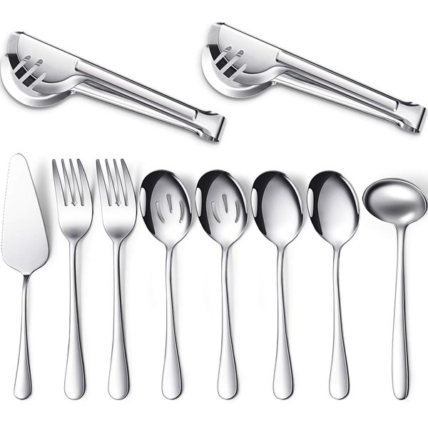 10-Piece Dishwasher Safe Silver Serving Utensil Set - Includes Spoons, Forks, Tongs, Ladle, and Pie Server