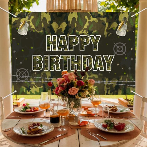 Military Camo Happy Birthday Backdrop Banner Army Camouflage Theme Background Decor for Veterans Soliders Men Boys Birthday Party Favors Decorations Supplies 72x43in-BECKTEN