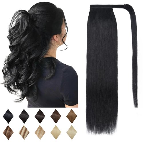SEGO Ponytail Extension Human Hair 100% Real Human Hair Clip In Wrap Around Long Straight Ponytail With Magic Paste Pony Hairpieces for Women -14 Inch 80g 1 Jet Black