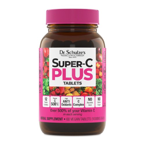 Dr. Schulze's | Super-C Plus | Vitamin C Complex | Clinical Herbal Formula | Dietary Supplement | Immunity Support | Increase Collagen Formation & Iron Absorption | 60 Chewable Tablets (1000 mg)