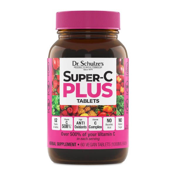 Dr. Schulze's | Super-C Plus | Vitamin C Complex | Clinical Herbal Formula | Dietary Supplement | Immunity Support | Increase Collagen Formation & Iron Absorption | 60 Chewable Tablets (1000 mg)