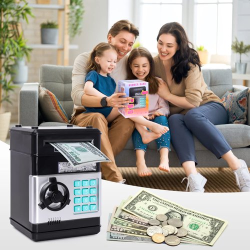 PhilaeEC Black Piggy Bank for Kids, Electronic ATM Cash Coin Can Money Saving Box with Password, Children's Safe Money Jar with Auto Grab Bill Slot, Birthday Christmas Toy Gifts for Boys Girls