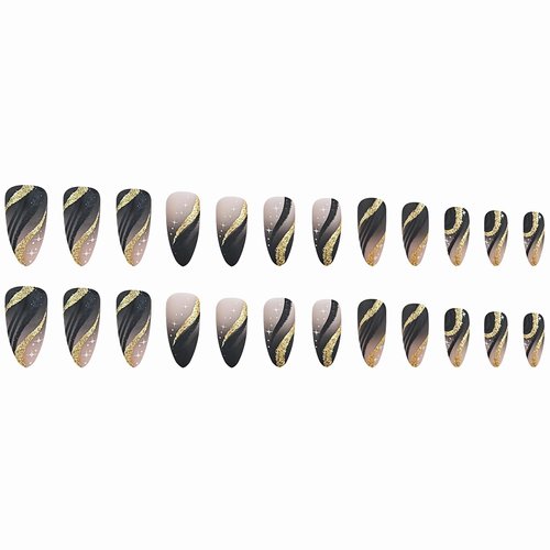 MISUD Press on Nails Medium Almond Fake Nails Matte Glue on Nails Black Ombre Acrylic Nails Stiletto Artificial Nails Bling Gold Glitter Swirl Stick on False Nails with Design 24 pcs