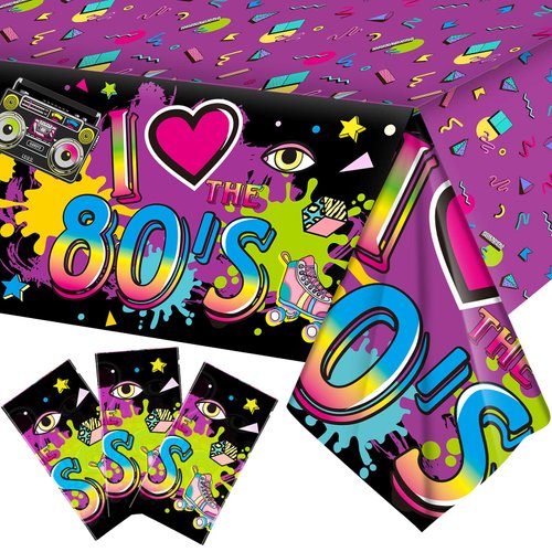 3 Pieces 80s Plastic Party Tablecloth 80's Party Table Cover 80s Birthday Party Supplies the 80s Hip Hop Party Decoration Throwback Birthday Party Decoration for Dining Room and Kitchen, 108 X 54 Inch