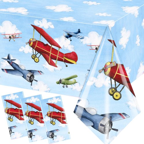 GREHUMOR 3pcs Airplane Party Decorations Airplane Party Tablecloth Supplies Disposable Plastic Helicopter Blue Sky White Theme Table Cover for Kids Birthday Favors