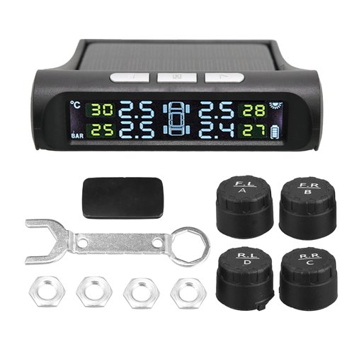 X AUTOHAUX Tire Pressure Monitoring System TPMS Wireless Solar Power and USB Charger Monitor 5 Alarm Modes LCD Color Display with 4 External Sensors Temperature Pressure for Car RV Trailer