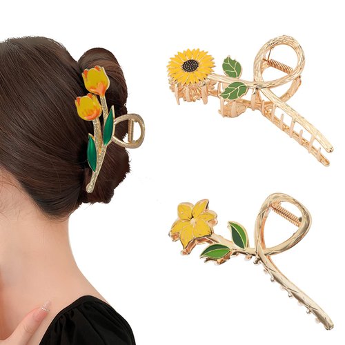 Yonchic 3-Piece Flower Metal Hair Clips, Daisy Hair Claw for Thin/Medium Thick Hair, Elegant Tulip Floral Barrettes Strong Hold Clamps Non-Slip Cute Lily Claws Accessories