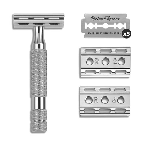 Rockwell Razors 6C White Chrome Double-Edge Safety Razor for Men and Women with 6 Adjustable Shave Settings and 5 Fully Recyclable Eco Razor Blades