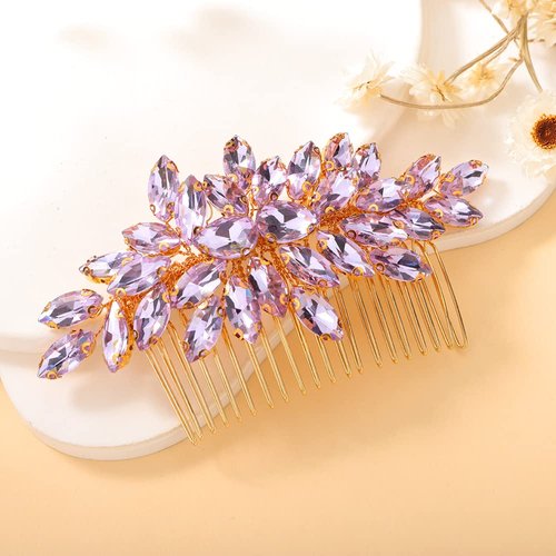 Teyglen Crystal Bride Wedding Hair Comb Full Rhinestone Side Comb Bridal Red Green Black Purple Crystal Hair Pieces Hair Accessories for Bride Women Girl (Purple)