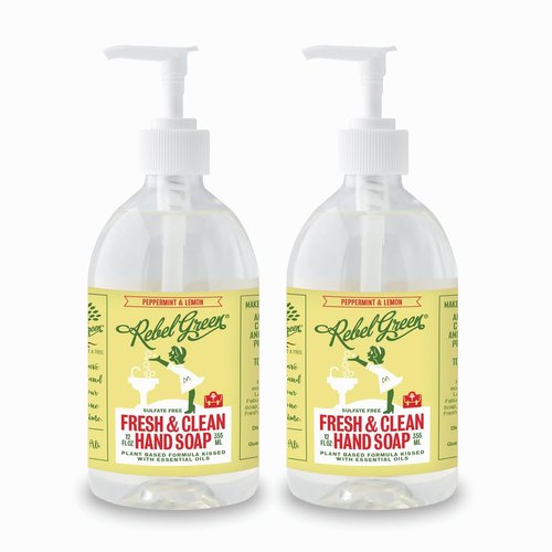 Rebel Green Fresh & Clean Hand Soap - Moisturizing Natural Bathroom & Kitchen Liquid Soap - Gentle Household Hand Wash - Peppermint & Lemon, 12 Fl Oz (Pack of 2)