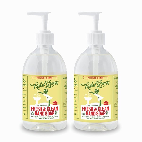 Rebel Green Fresh & Clean Hand Soap - Moisturizing Natural Bathroom & Kitchen Liquid Soap - Gentle Household Hand Wash - Peppermint & Lemon, 12 Fl Oz (Pack of 2)