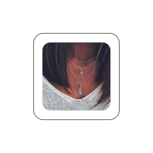 Iaceble Bohemia Layered Crystal Choker Necklace Angel Wing Pendant Necklace Round Crystal Cz Necklace Chain Silver Guardian Angel Necklace Chain Jewelry for Women