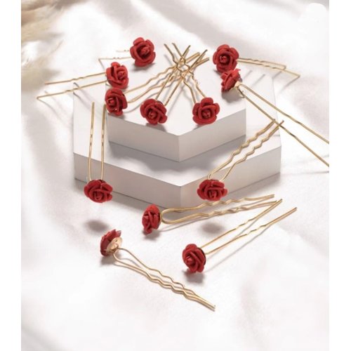 Generic 12 Pieces Red Rose Bridal Hair Pins Flower Hair Clips U Shaped Hair Jewelry Accessories for Bridal Wedding Dance Birthday Woman Girls Small Bobby Pins for Hair