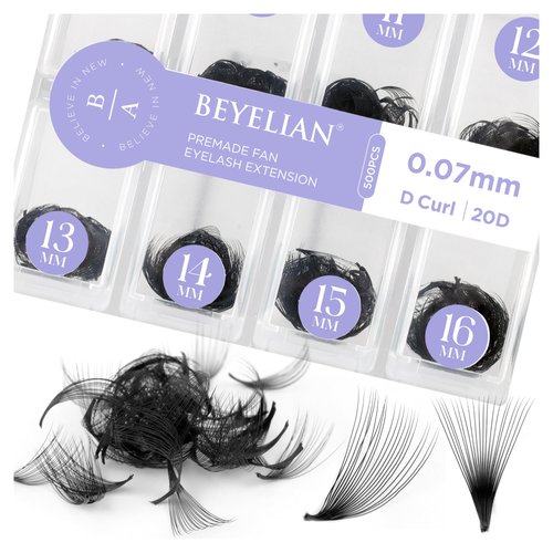 BEYELIAN 500 Fans Premade Fans Eyelash Extensions 0.07mm 20D C/D Curl Volume Lash Extensions Pre Made Fans Lash Extensions Handmade Promade Loose Fans Thin Base 9-16mm Mixed