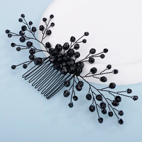 Teyglen Bride Wedding Hair Comb Shiny Black Crystal Beads Hair Piece Bridal Black Crystal Hair Comb for Bride Vintage Headpiece Hair Accessories for Women Girls Party Festival