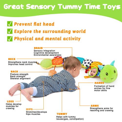 Baby Sensory Toy 0-6 Month Music Animal Stuffed Plush Caterpillar Toy for Infant 0-3-6 Month Tummy Time with Baby Mirror Crinkle Rattle for 6-12 Month Texture Toy for Newborn Boys Girls Birthday Gifts