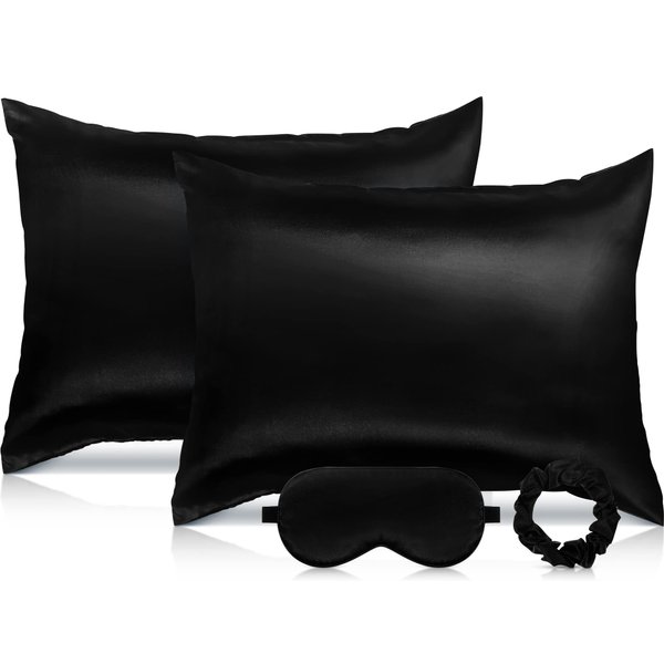 2 Pack Satin Pillowcase with Latent Zipper, Adjustable Satin Eye Mask for Sleeping and Satin Volume Scrunchie for Hair and Skin, Standard Size (Classic Style, Black)