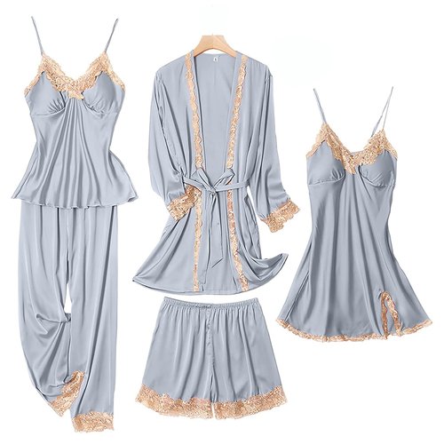 SAPJON Womens Pajama Sets 5PCS Silk Pajamas for women Cute Sleepwear Loungewear Satin Pajamas Sets for Women Soft Grey