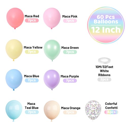 Funhot Pastel Balloons, 60 Pcs Pastel Latex Balloon, 12 Inch Macaron Red Pink Blue Purple Green Yellow Orange Balloon Colorful Confetti for Birthday Baby Shower Wedding Rainbow Pastel Party Decoration