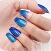 MISUD Medium Coffin Press on Nails, Blue Ombre Fake Nails, Glossy Glue on Nails, Sparkly Acrylic Nails, Bling Glitter Artificial Nails, Ballerina False Nails with Design 24 pcs