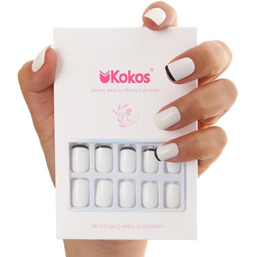 48 PCS Press On Nails, Short Square White Fake Nails, ABS Natural Fit, Reusable Stick On Nails in 12 Sizes-Soft Gel Fake Nails Kit, Salon-quality, Pearl Harbor