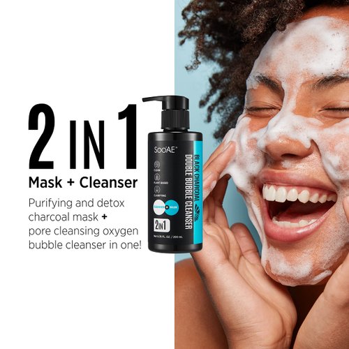 Soo'AE Black Charcoal Double Bubble Mask Cleanser -2 𝗶𝗻 1 𝗢𝘅𝘆𝗴𝗲𝗻 𝗕𝘂𝗯𝗯𝗹𝗲 𝗠𝗮𝘀𝗸 𝗮𝗻𝗱 𝗙𝗮𝗰𝗲 𝗪𝗮𝘀𝗵 Cleansing Foam Double Cleanse for Men and Women 200mL