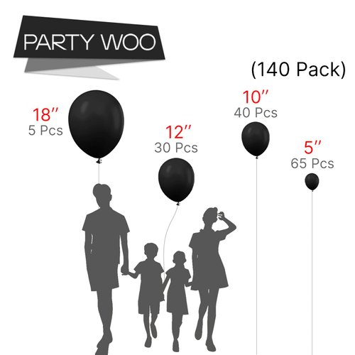 PartyWoo Black Balloons, 140 pcs Matte Black Balloons Different Sizes Pack of 18 Inch 12 Inch 10 Inch 5 Inch Black Balloons for Balloon Garland Balloon Arch as Birthday Party Decorations, Black-Y18