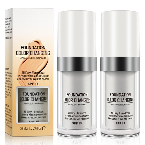 Foundation Color Changing 2pcs, Base Makeup Color Changing Foundation with Moisturizing, Oil Control and SPF15, Full Coverage Liquid Foundation Hides Wrinkles & Lines