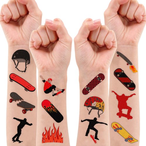 8 Sheets (96PCS) Skateboard Temporary Tattoos Theme Birthday Party Decorations Supplies Favors Tattoo Stickers for Kids Boys Girls Gifts Classroom School Prizes Rewards