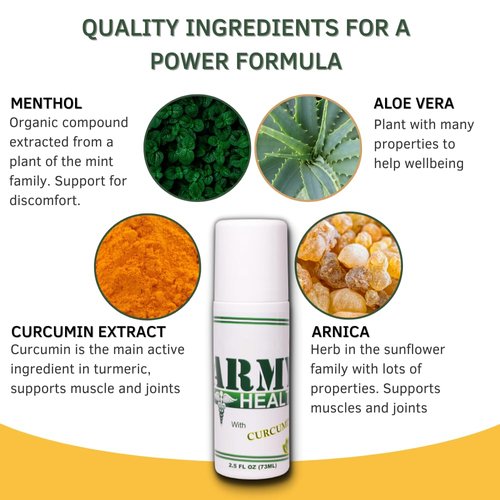 ARMY HEALTH Roll On 100% Natural Turmeric Curcumin - Pain Reliever - Inflammation - Headache - Backache - Joint and Muscle Pain 2.5 Oz