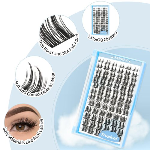 KevKev Lash Clusters 78 Pcs Cluster Lashes Eyelash Clusters DIY Cluster Eyelash Extensions Individual Lashes that Look Like Eyelash Extensions Natural Look Thin Band & Soft(Tropical,D-8-16mix)