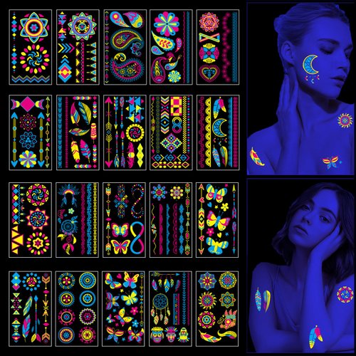 Glow in The Dark Temporary Tattoos 170 Styles Neon UV Blacklight Reactive Tattoos, Adult Body Face Party Arm Fake Tattoos Supplies Rave Accessories