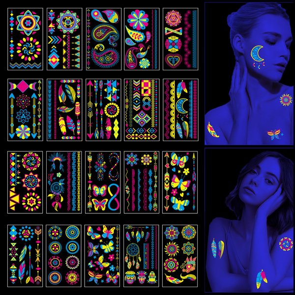 Glow in The Dark Temporary Tattoos 170 Styles Neon UV Blacklight Reactive Tattoos, Adult Body Face Party Arm Fake Tattoos Supplies Rave Accessories
