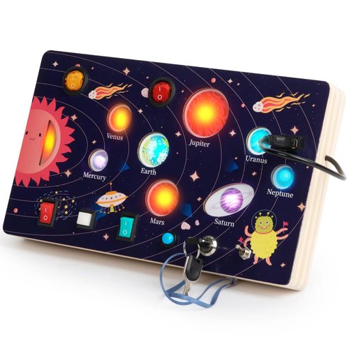 soehso Montessori Busy Board for Toddlers Solar System Toddler Busy Board Sensory Activity Board Toys Light Switch Travel Toys for 1+ Year Old Boys & Girls Gifts, Wooden Busy Board, Travel Busy Board