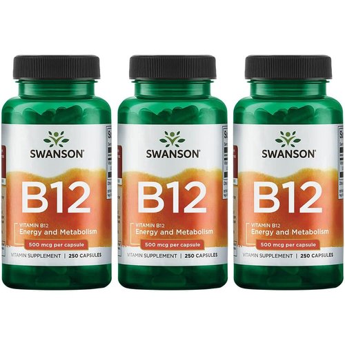 Swanson Vitamin B12 (Cyanocobalamin) - 500mcg Each, 250 Capsules - Energy, Nervous System, and Overall Wellness Support (3 Pack)