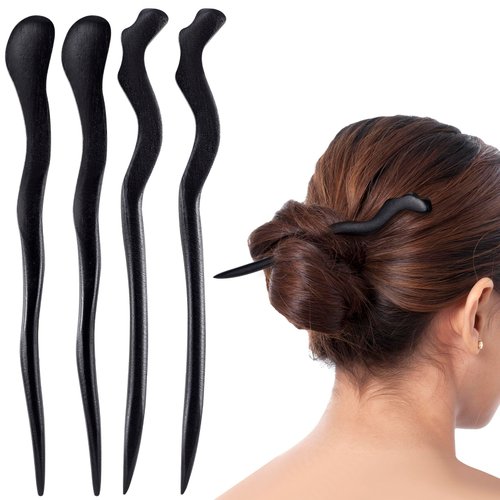 Isslly 4pcs Vintage Wooden Hair Sticks, Women Natural Wood Hairpins, 2 Styles Retro Hair Chopsticks Hair Pins for Long Hair, Bun, Hair Updo for Ladies, Girls for Parties, Daily Use -Black