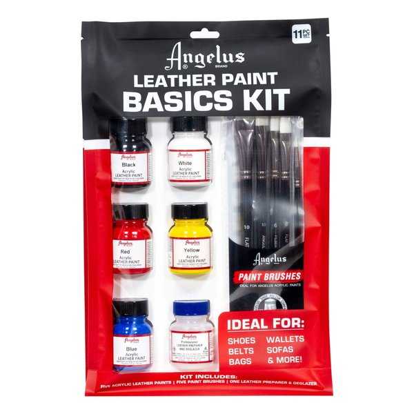 Angelus Leather Paint Kit- Basics Starter Kit Includes 5 Paints, Prep, & 5 Piece Paint Brush Set