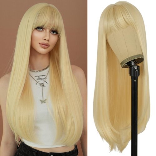 7JHH WIGS Long Straight 613Blonde Wig with Bangs 28in Platinum Blonde Wig Natural Heat Resistant Fiber Synthetic Wigs for Women Girls Holiday Festival Chrismas Daily Party Used