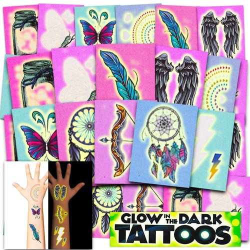 Glow in the Dark Temporary Tattoos for Girls Party Pack ~ Over 125 Tattoos featuring Butterflies, Flowers, More