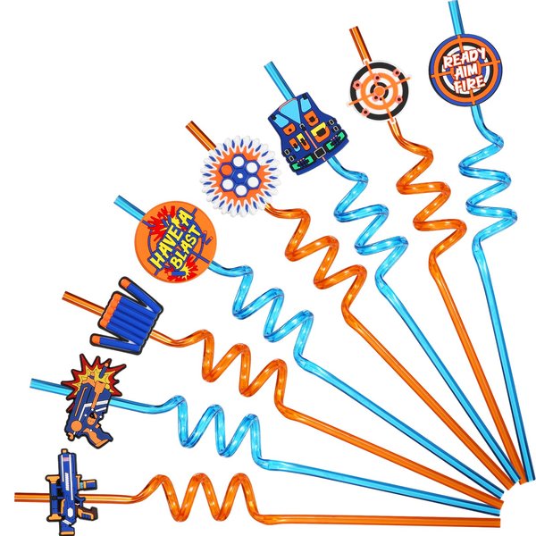 24 Pieces Dart War Party Plastic Straws with 1 Pcs Cleaning Brushes Blaster Battle Theme Reusable Straws for Dart War Party Decoration Supplies