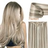 Clip in Hair Extensions Real Human Hair Ash Brown Highlights Platinum Blonde Remy Brazilian Clip on Human Hair for Women Invisible Double Weft 14 Inch Natural Silky Straight Clip ins Hair 60G 5 PCS