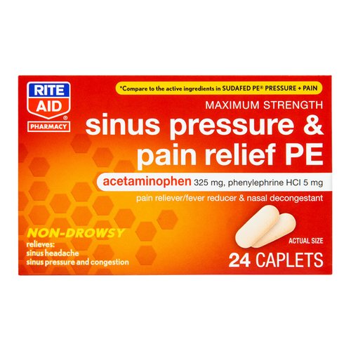 Rite Aid Sinus Pressure and Pain Reliever PE, Non-Drowsy - 24 Tablets | Sinus Relief | Pain Relief | Nasal Decongestant | Cold Medicine for Adults | Allergy Medication | Allergy Relief | Mucus Relief
