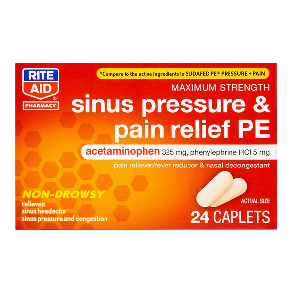 Rite Aid Sinus Pressure and Pain Reliever PE, Non-Drowsy - 24 Tablets | Sinus Relief | Pain Relief | Nasal Decongestant | Cold Medicine for Adults | Allergy Medication | Allergy Relief | Mucus Relief