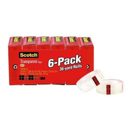 Scotch Transparent Tape, 3/4 in x 1296 in, 6 Boxes (600-6PK)