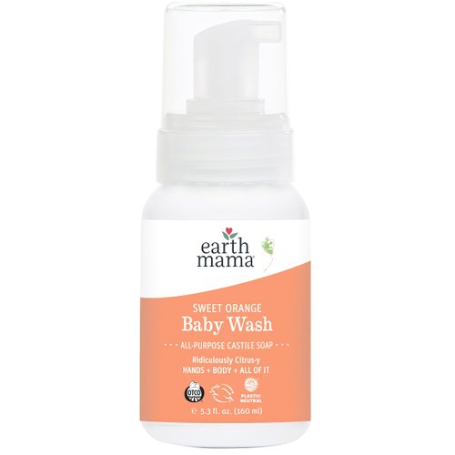 Earth Mama Sweet Orange Baby Liquid Wash Foaming Hand Soap, Organic All Purpose Body Wash for Sensitive Skin, Castile Soap with Coconut Oil, Shea Butter, Calendula, & Aloe, 5.3 fl oz