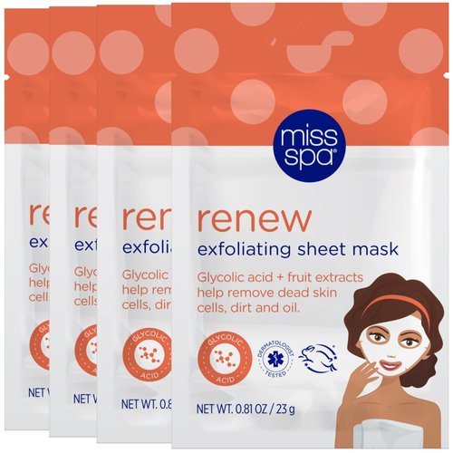 MISS SPA Renew Exfoliating Sheet Mask for Face, Skin Smoothing Face Mask Removes Dirt, Dead Skin and Oil, 4 Pack