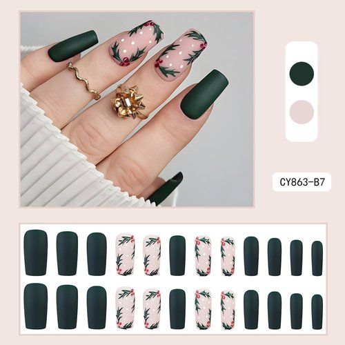 Green Holly Press on Nails Christmas Fake Nails Medium Square Glue on Nails Dark Green Glue on Nails Glossy Reusable Winter Xmas False Nails for Women Girls Holiday Manicure 24pcs
