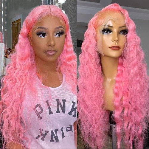 QMSSR Pink Lace Front Wigs Synthetic Long Wavy Hair Glueless Lace Front Wigs for Fashion Women Pastel Pink Synthetic Lace Front Wigs Pre Plucked Natural Hairline