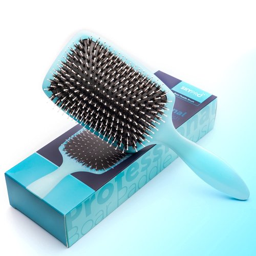 Professional Series Boar Bristle Paddle Brush for Women by SKYPRO | High Density Anti-Breakage Detangling Brush for Smoothing Color-Treated Hair, Extensions and All Hair Types