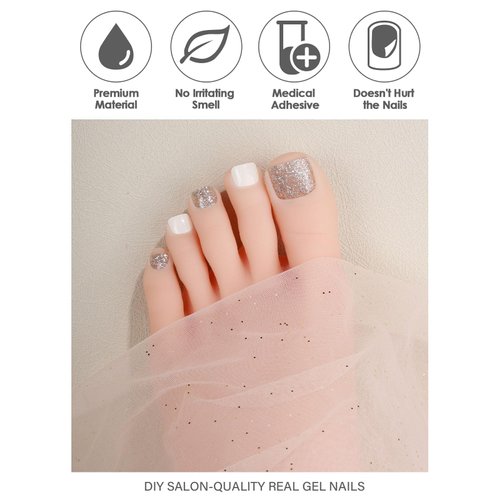 EBANKU Gel Toe Nail Stickers Cured Gel Nail Strips for Toes Gel Toenail Strips Nail Art Wraps Long-Lasting Toe Gel Nail Polish Wraps Gel Nail Art Stickers for Toes UV/LED Lamp Required (Shiny White)